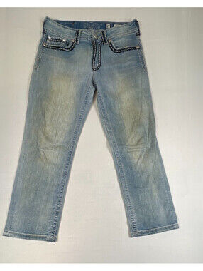 Miss Me Jeans Womens 27 Boyfriend Capri JB5014P8 Light Wash Embellished Denim